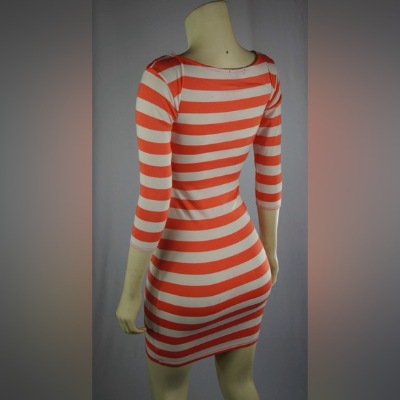 Soprano Coral and White Striped Dress Stretch Comfy Casual Dress 3/4ths Sleeves - Picture 3 of 6